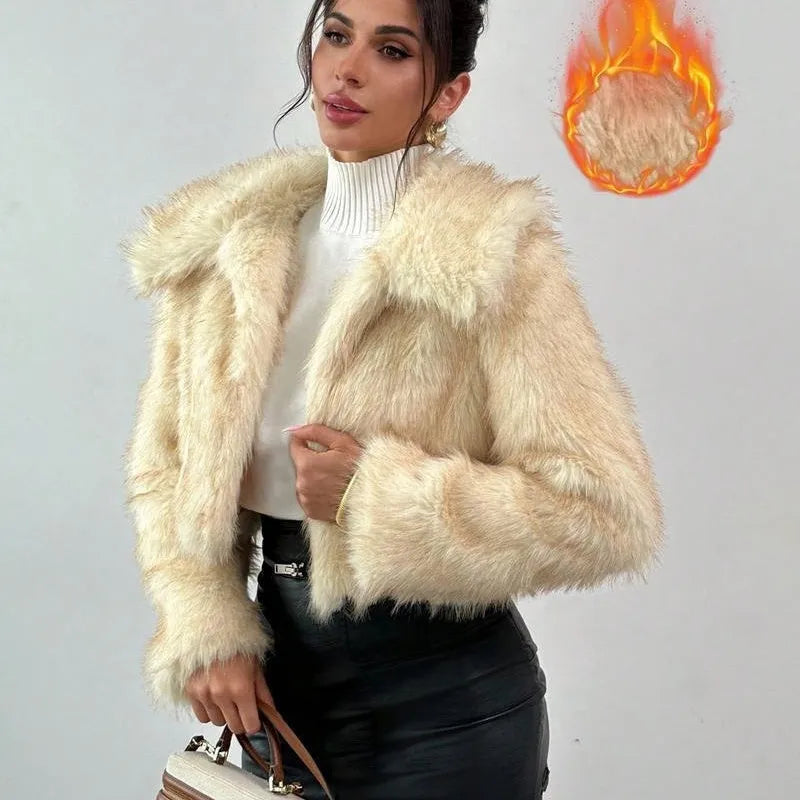 Women's short black artificial fur coat with a full fur collar and long sleeves.