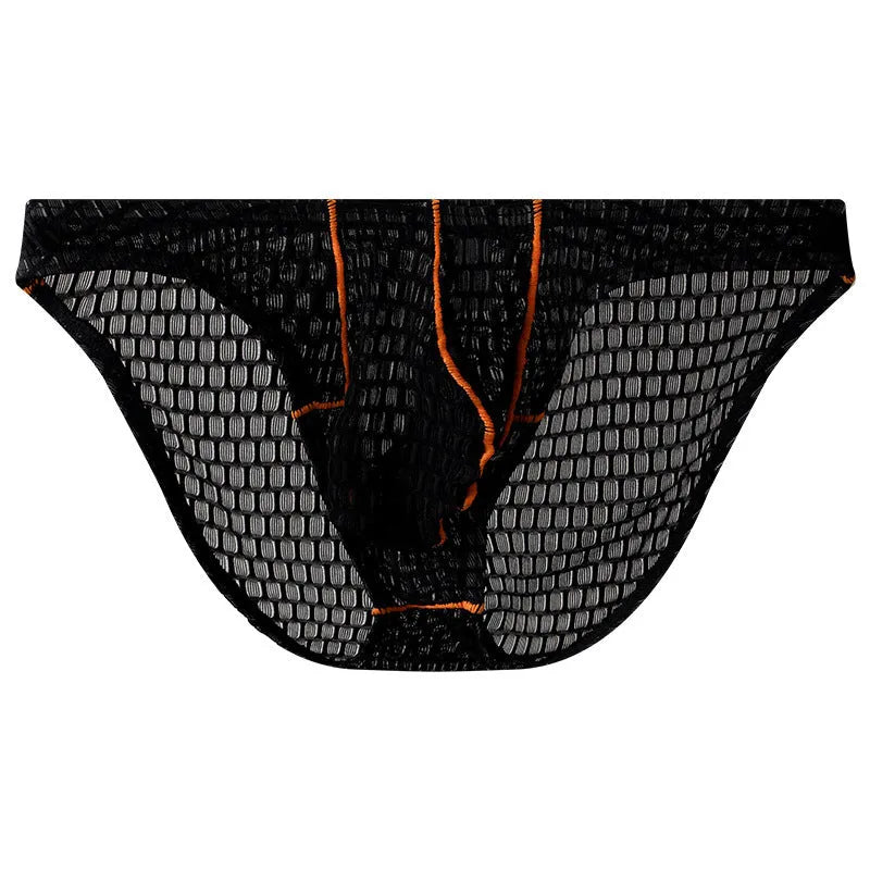 Men's ice silk lace briefs in low waist design showing solid colour options