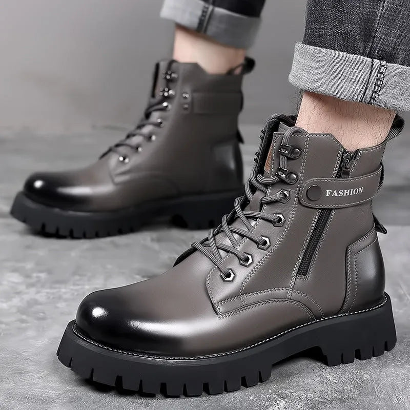 Men's light brown thick-soled high-top Martin boots with side zipper and round toe design