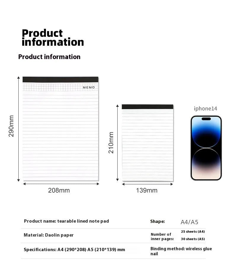 A4 tearable meeting minutes notebook with grid paper and wireless adhesive binding in assorted colours