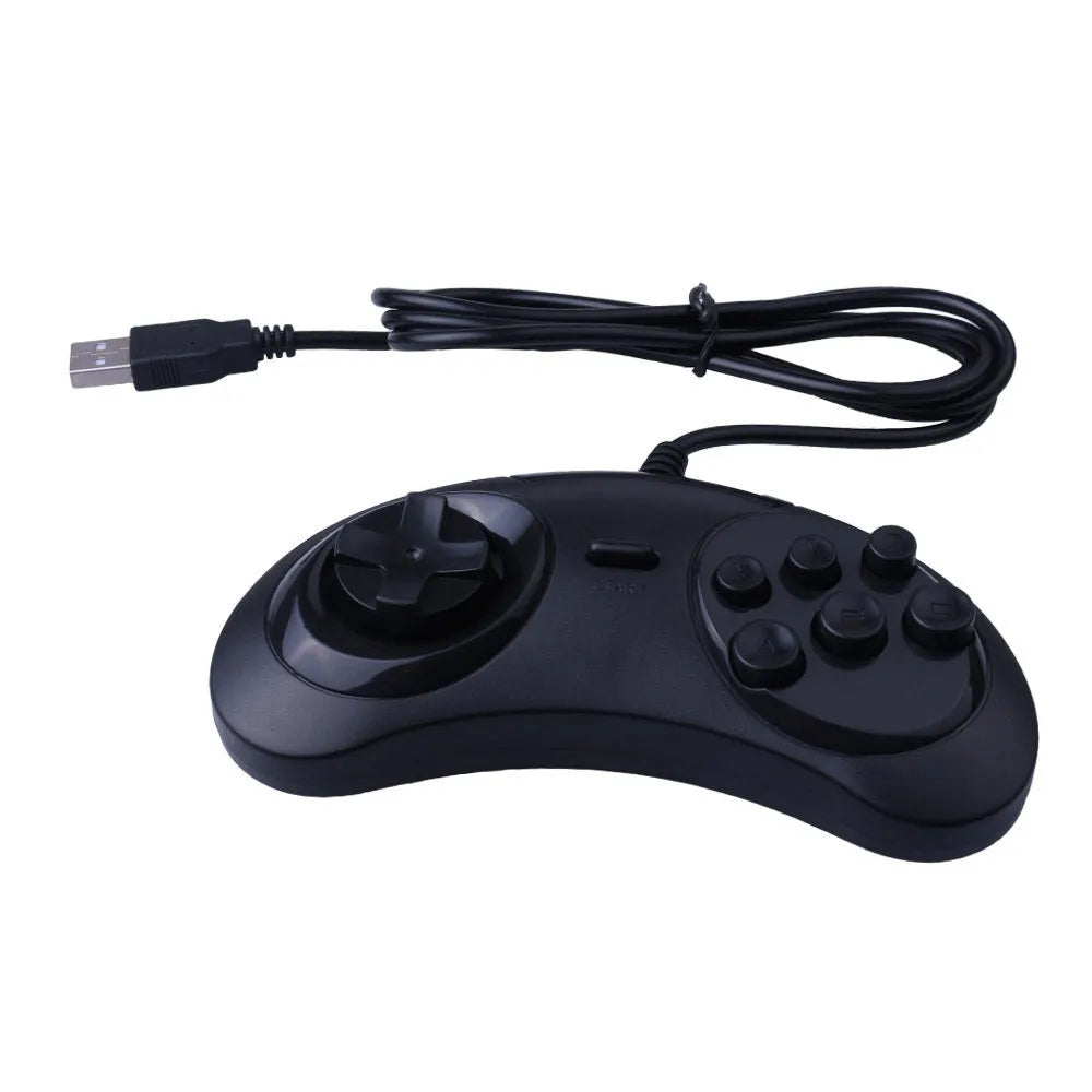 Black Sega USB PC game controller with 1.8 metre cable on a desk