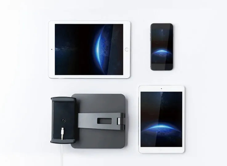 Silver folding aluminium desktop phone and tablet stand with 360° rotating base