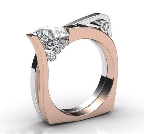 Rose gold couple rings with zircon stone inlay in geometric design, women's sizes 6-10