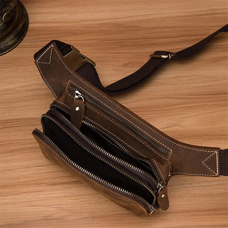Brown genuine cowhide men's sports waist bag with pull closure and internal organisation compartments