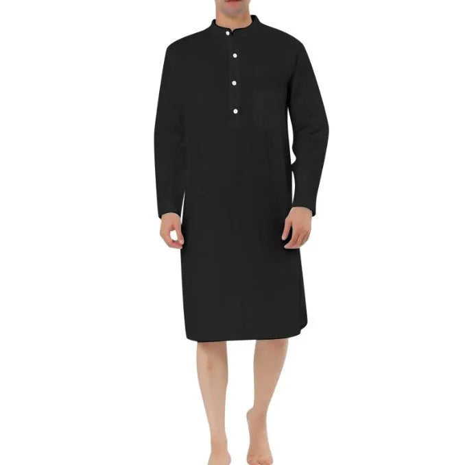 Men's cotton shirt robe with a front pocket, shown in one of nine available colours.