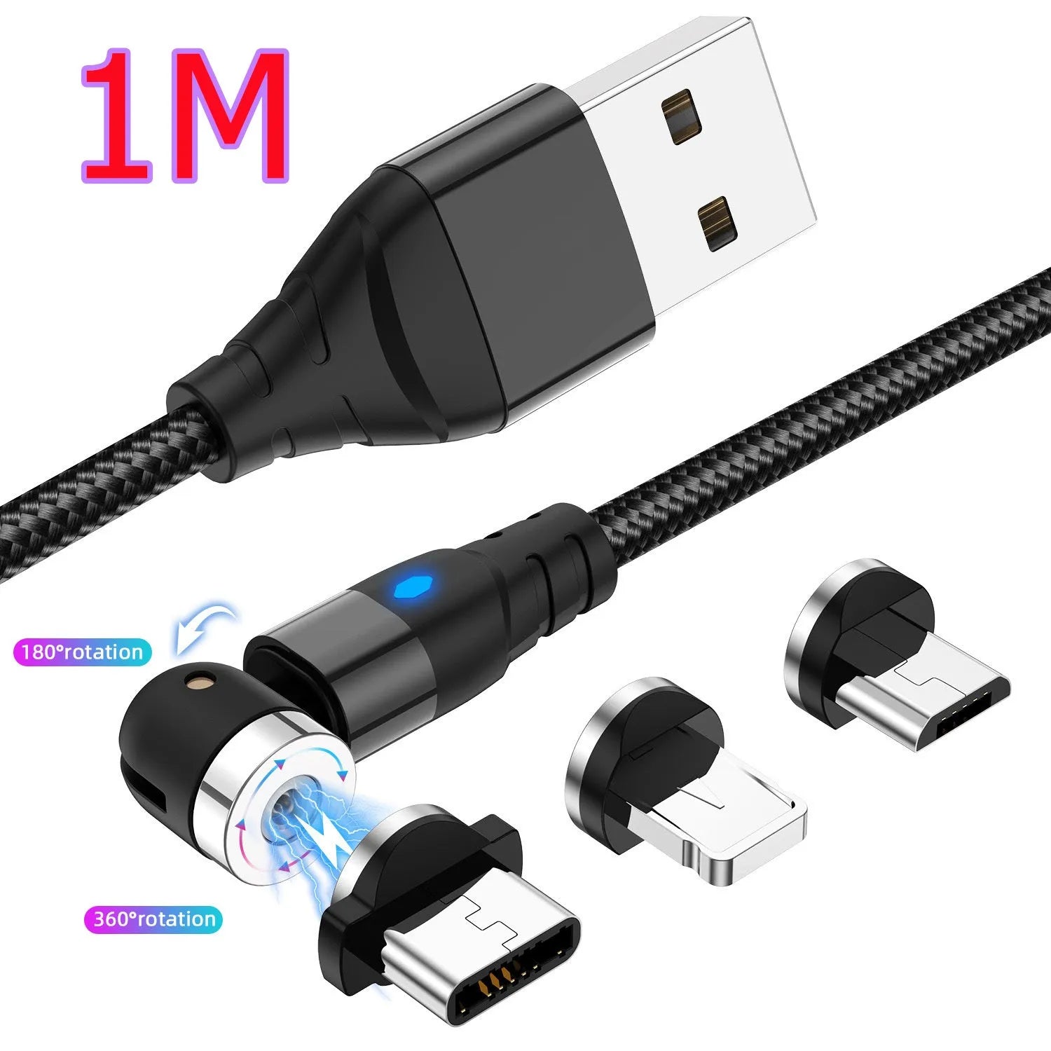 Magnetic charging cable with LED light indicator in various colours showing magnetic connection heads
