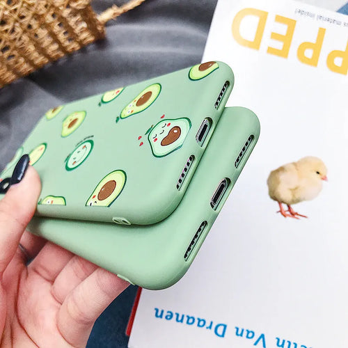 Green avocado cartoon design on a flexible black TPU phone back cover case.