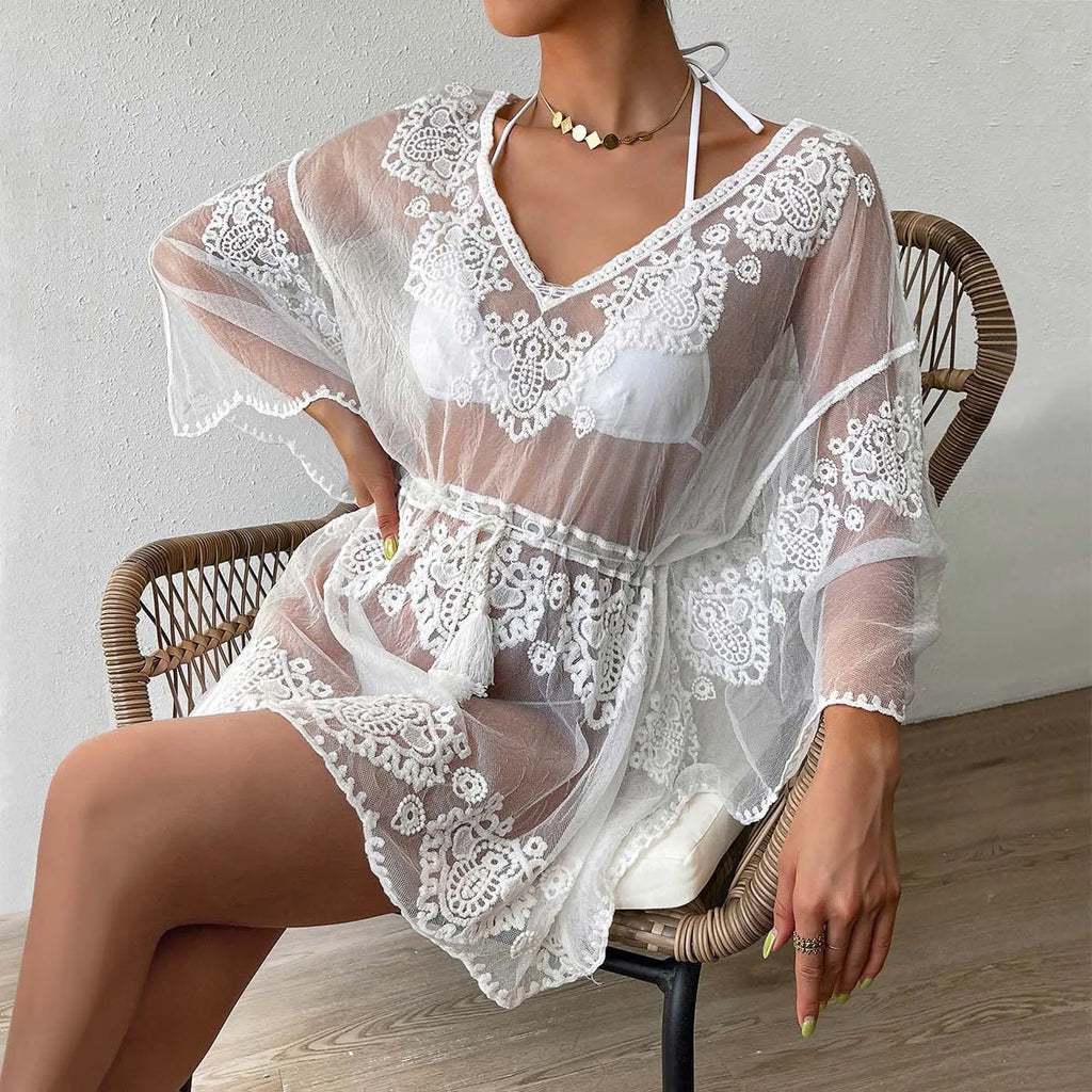 White water-soluble beach blouse with acrylic lining for sun protection during swimming