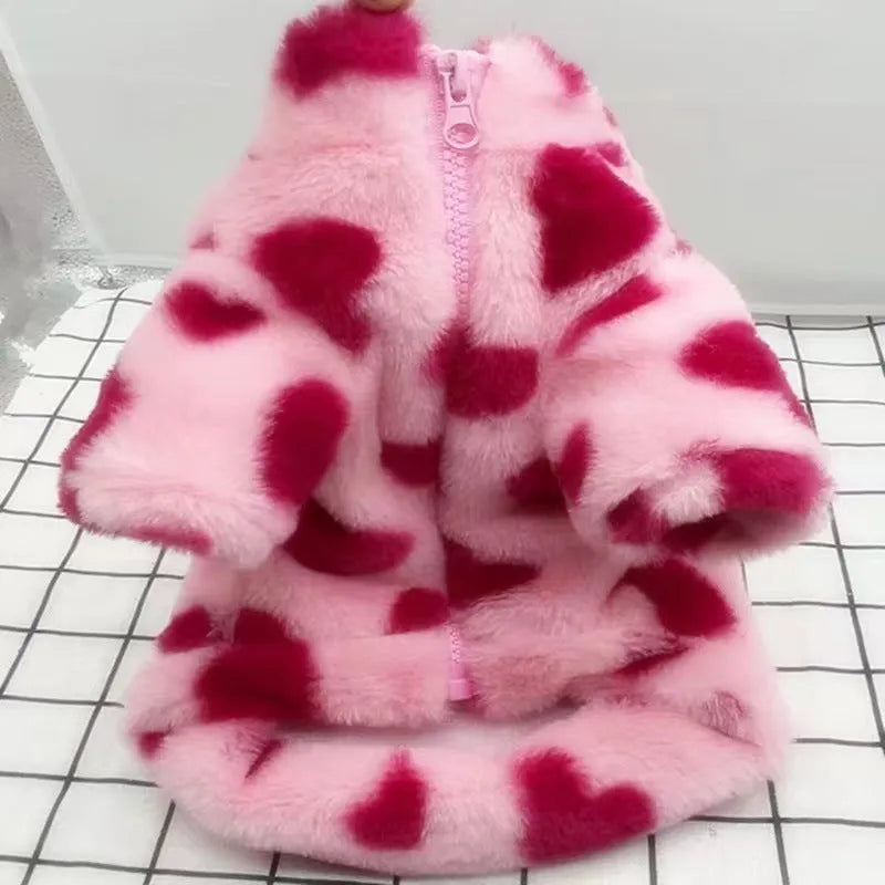 Pink polyester warm coat for small dog on white background showing British-style design