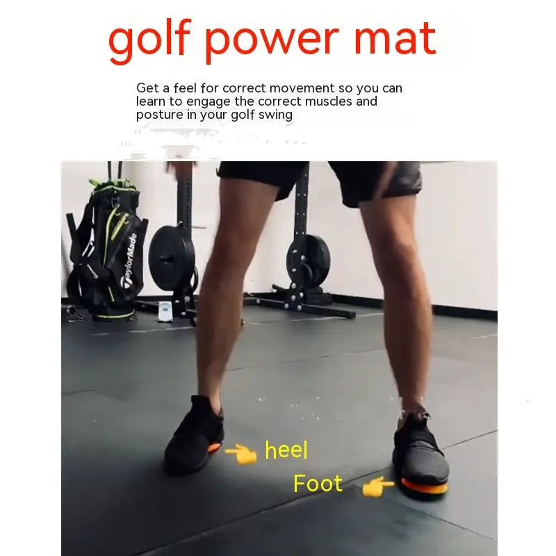 Orange-red golf training mat with weighted centre for swing practice
