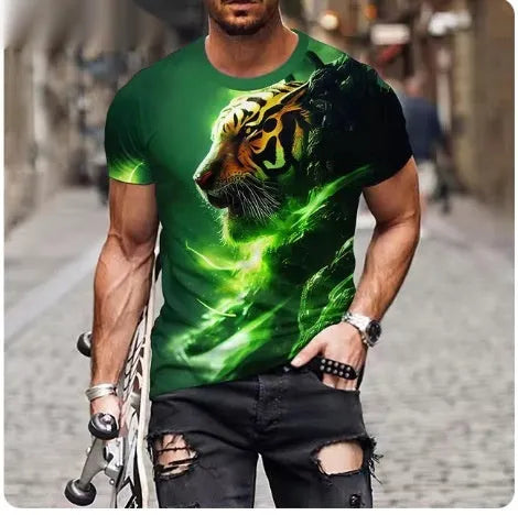 Men's black t-shirt with a fierce 3D lion graphic print on the front.