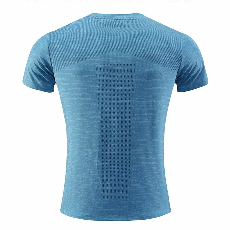 Men's short sleeve running t-shirt in polyester spandex fabric on a hanger