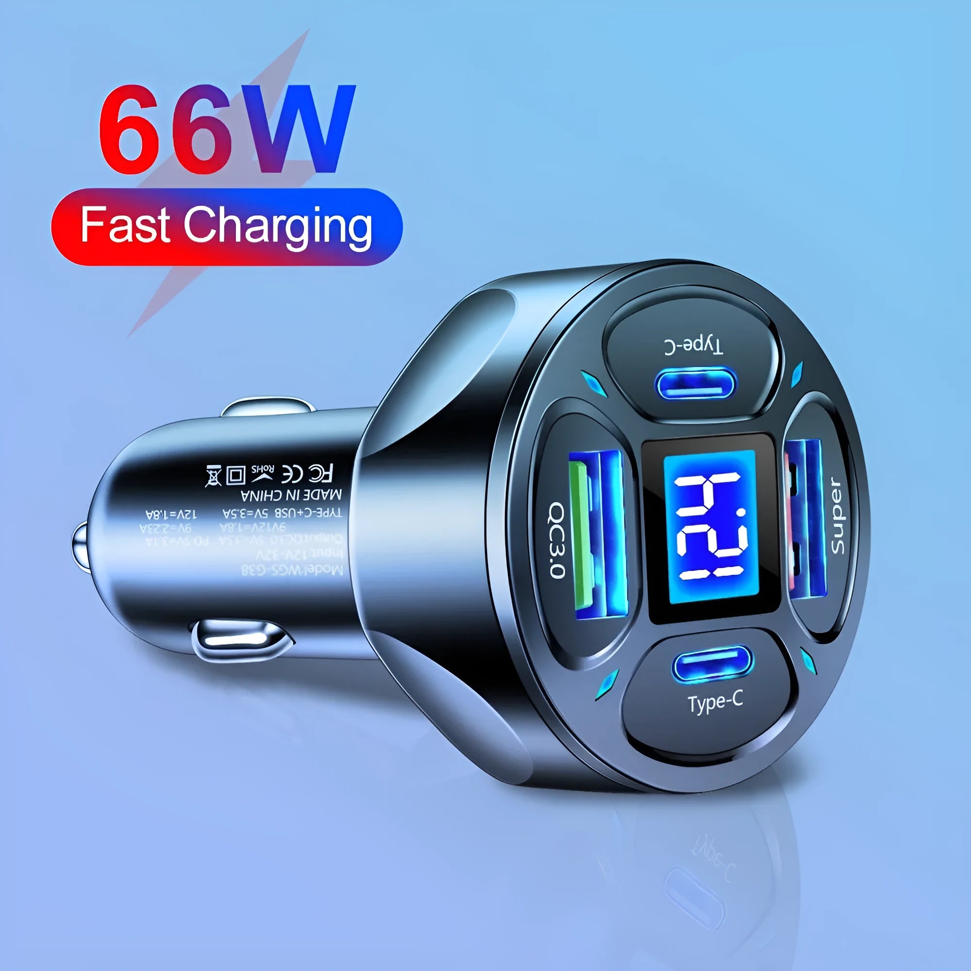 66W car charger with digital display, two USB ports, and two Type-C ports on a black plastic body.