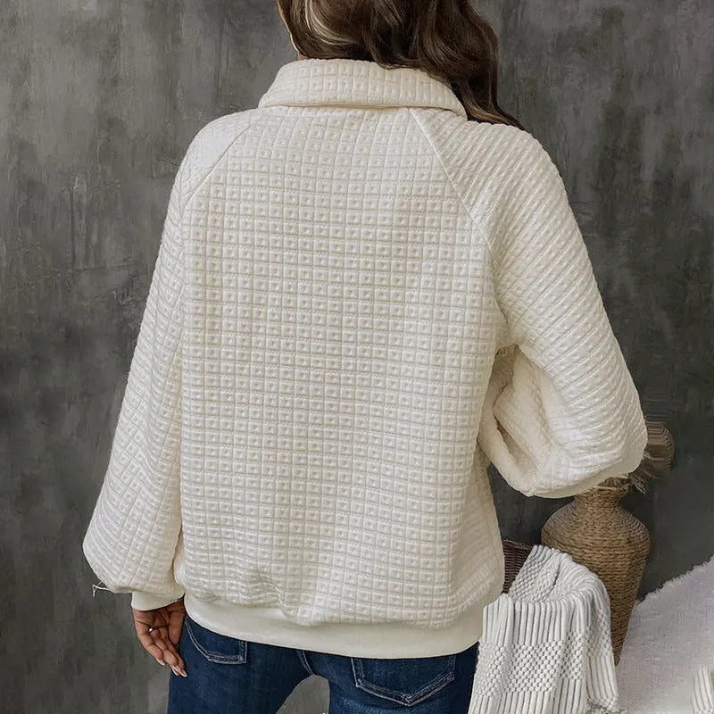 Women's milky white polo collar pullover sweater with long sleeves and a thickened knit texture.