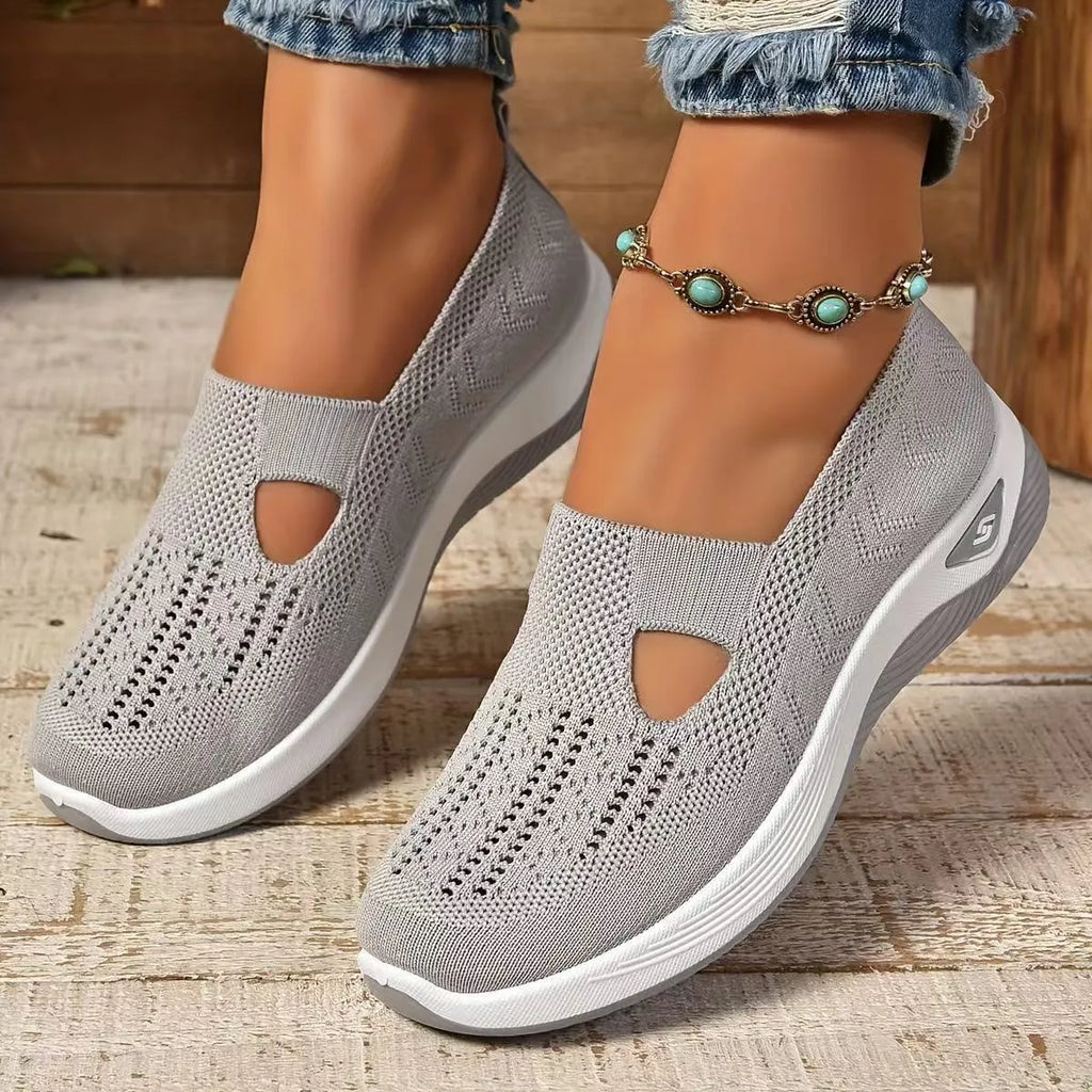 Women's casual mesh shoes with T-strap design and soft PVC soles in multiple colours