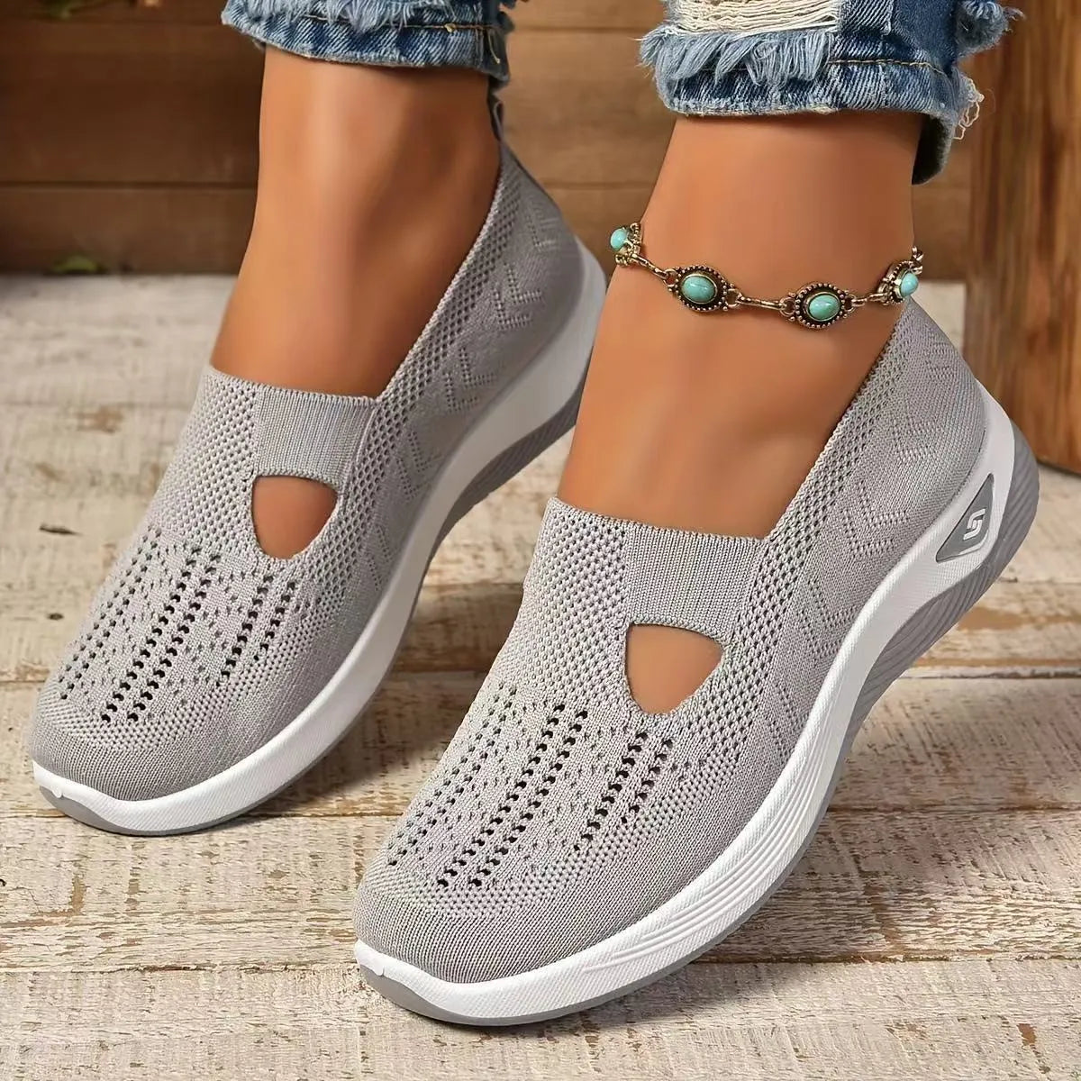 Women's casual mesh shoes with T-strap design and soft PVC soles in multiple colours
