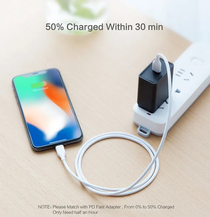White USB-C to Lightning charging cable for iPhone showing reinforced connector ends and 1.2 metre length