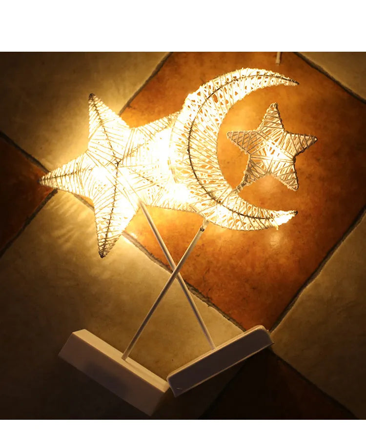 Rattan and PC LED star table lamp with battery operation for bedroom decoration