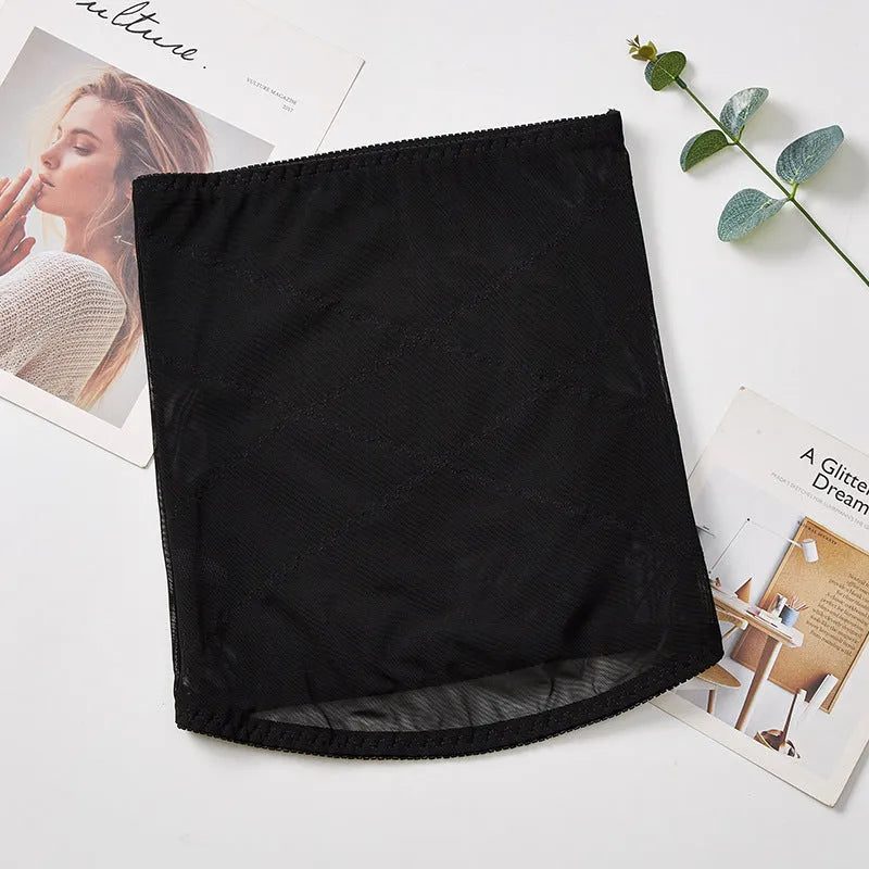Black mesh belly band with cross waistband design for body sculpting and postpartum support.
