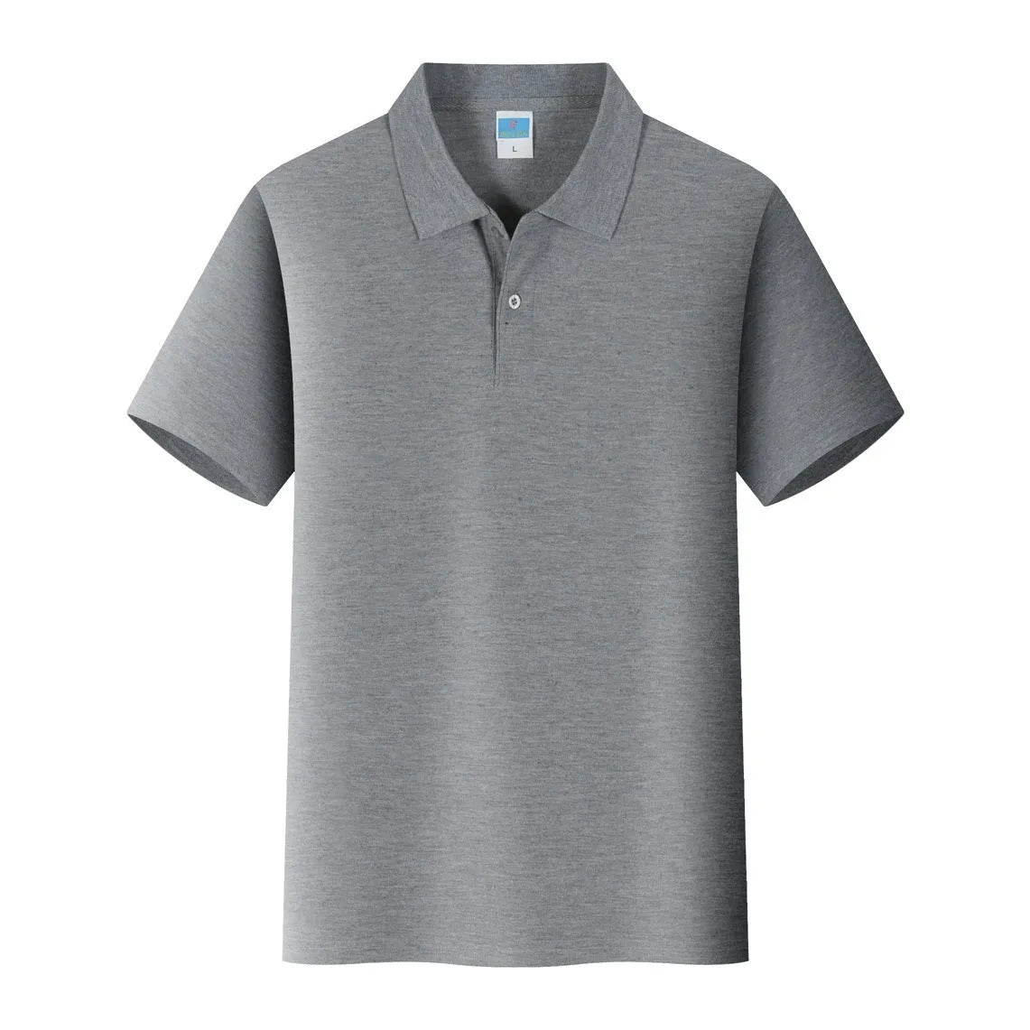 Short sleeve cotton work shirt in straight fit for corporate embroidery on a hanger.