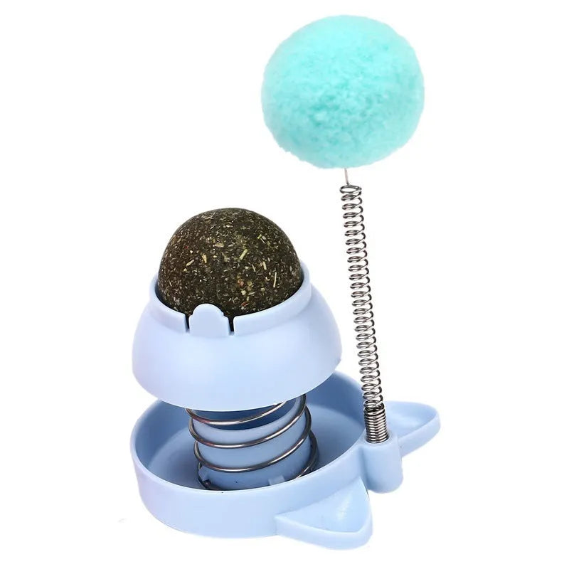 Rotating licking cat toy with mint ball in blue, orange or pink colours