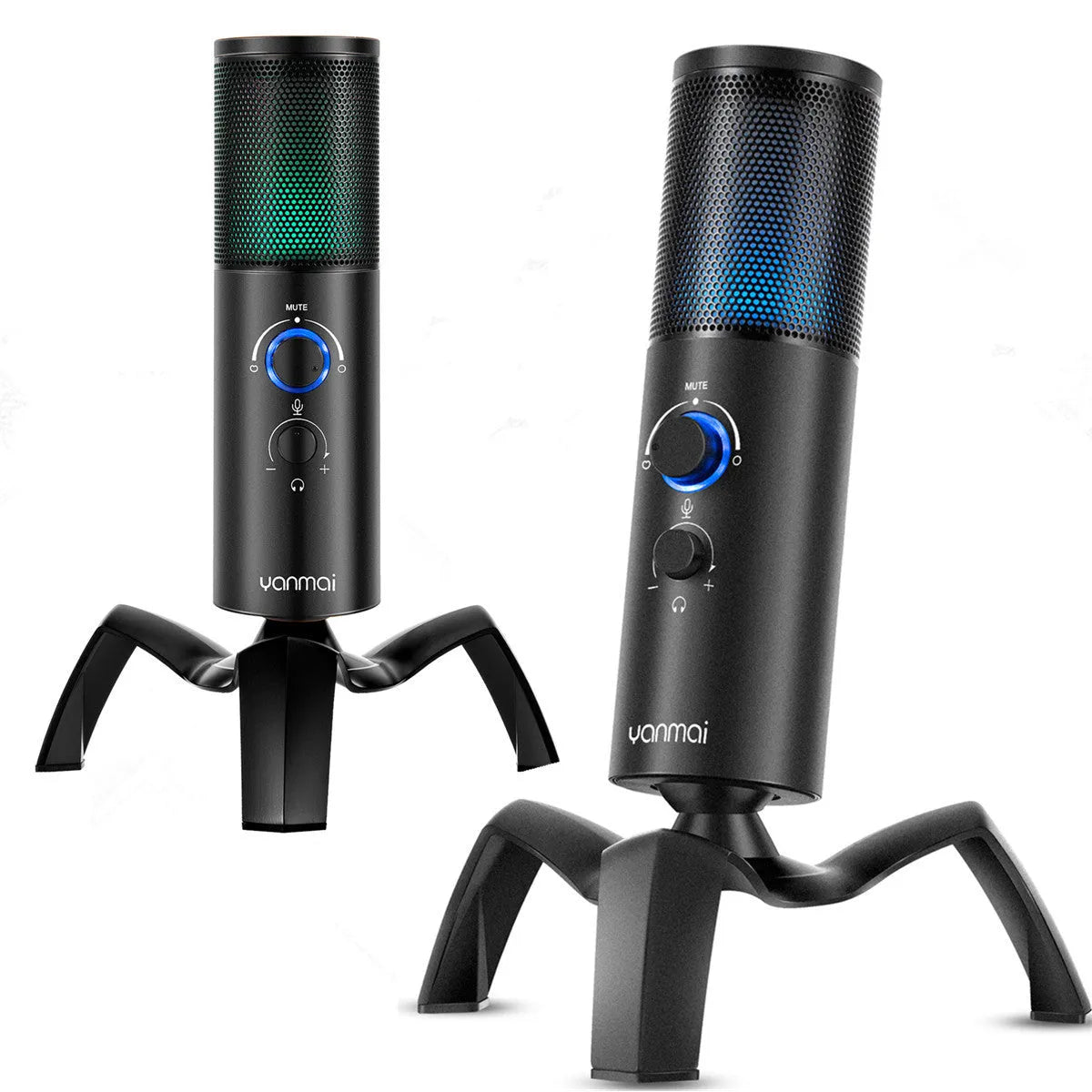 Black Q18 USB condenser microphone with RGB light on adjustable metal tripod.