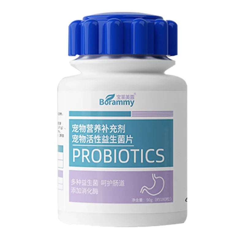 Bottle of 180 pet probiotic tablets with poultry flavouring for digestive health support