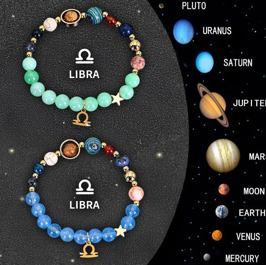 Natural stone beaded bracelets for twelve zodiac signs with adjustable thread closures