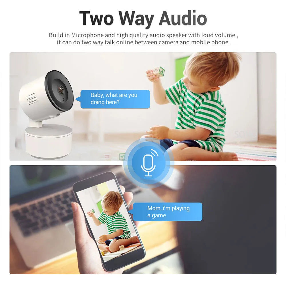 Indoor smart Wi‑Fi security camera with 1080P resolution and pan‑tilt‑zoom on a desktop.
