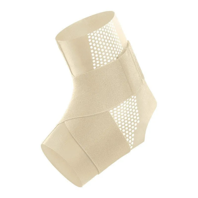 Fixed rehabilitation ankle support made of black Lycra cloth, shown on an adult ankle.