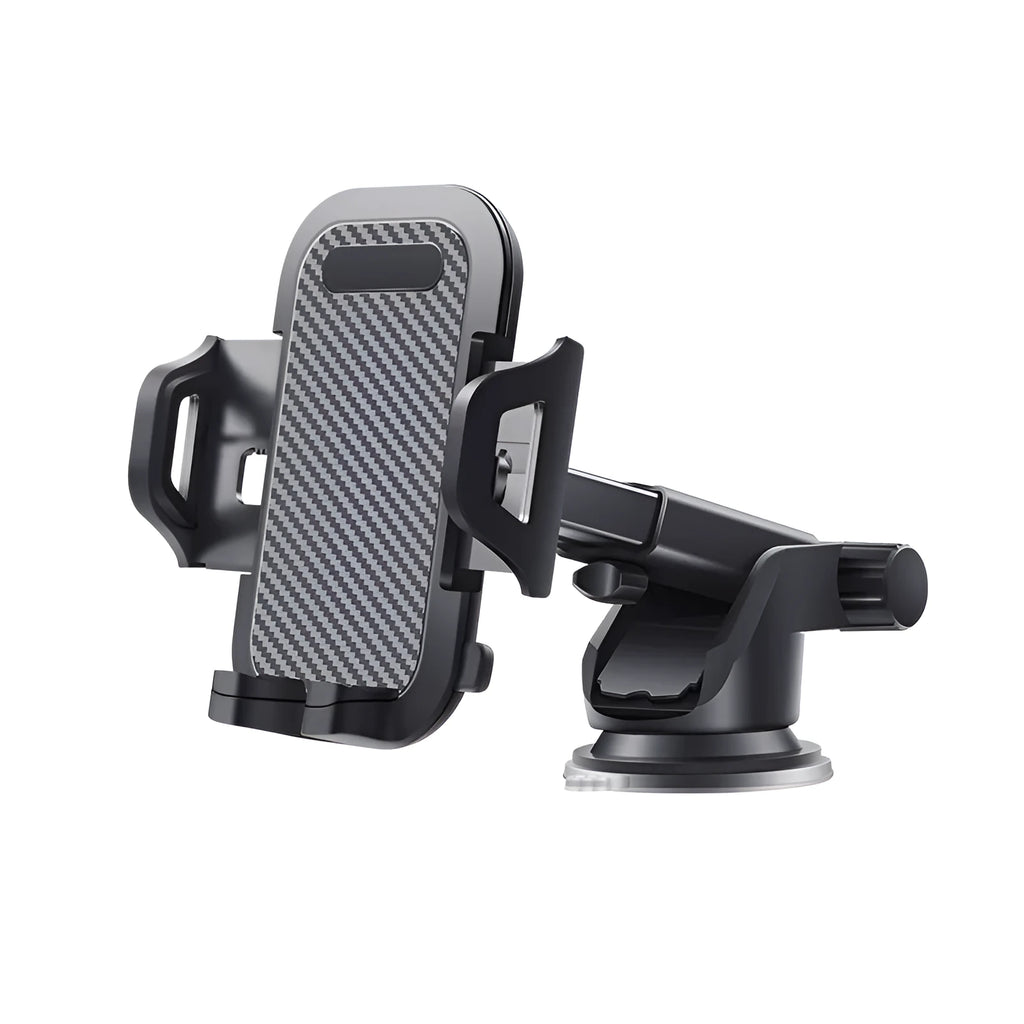 Black adjustable car phone holder for smartphones between 4 and 7 inches on a car dashboard