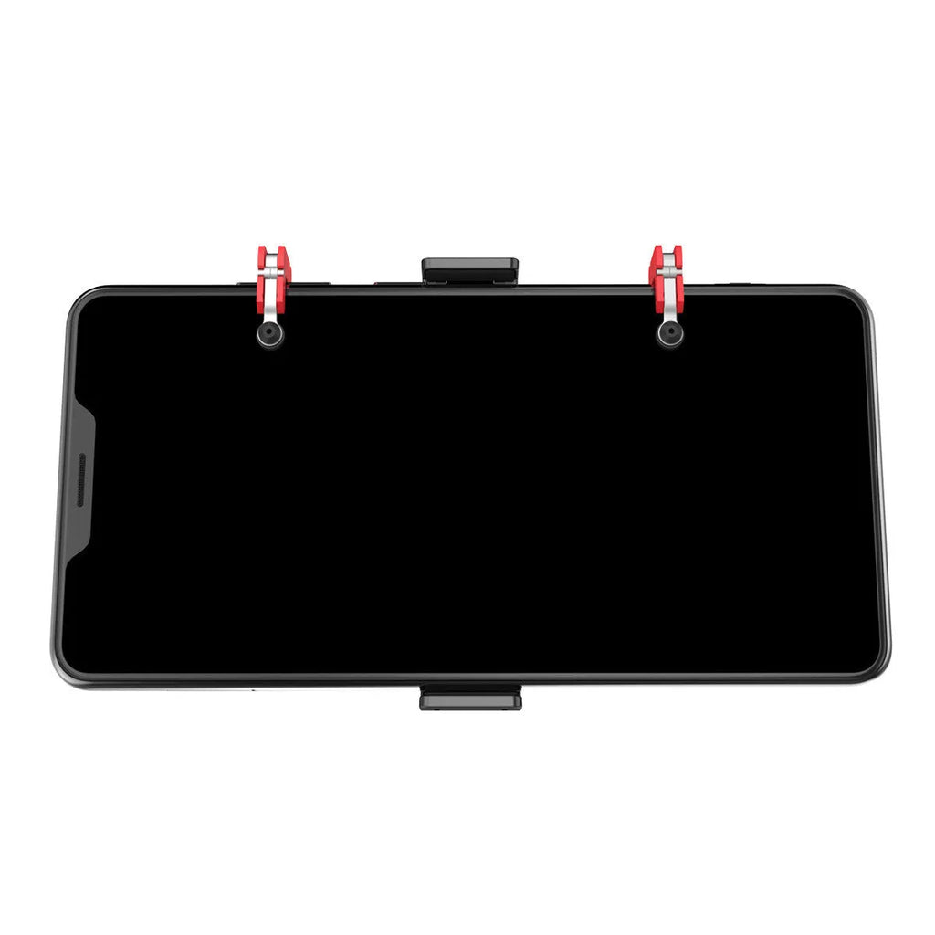 Black mobile phone gaming trigger bracket with adjustable sliding trigger and telescopic phone clip