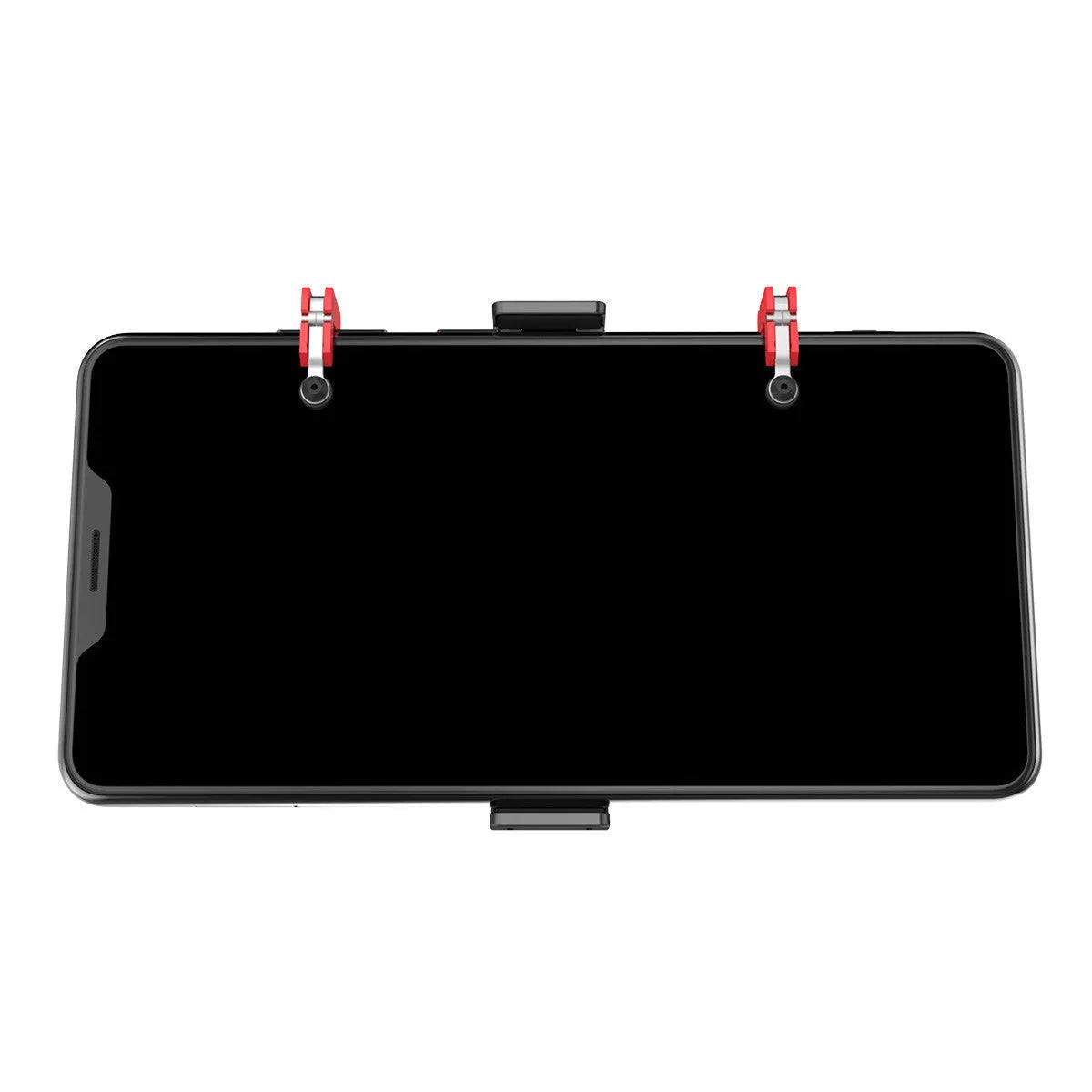 Black mobile phone gaming trigger bracket with adjustable sliding trigger and telescopic phone clip