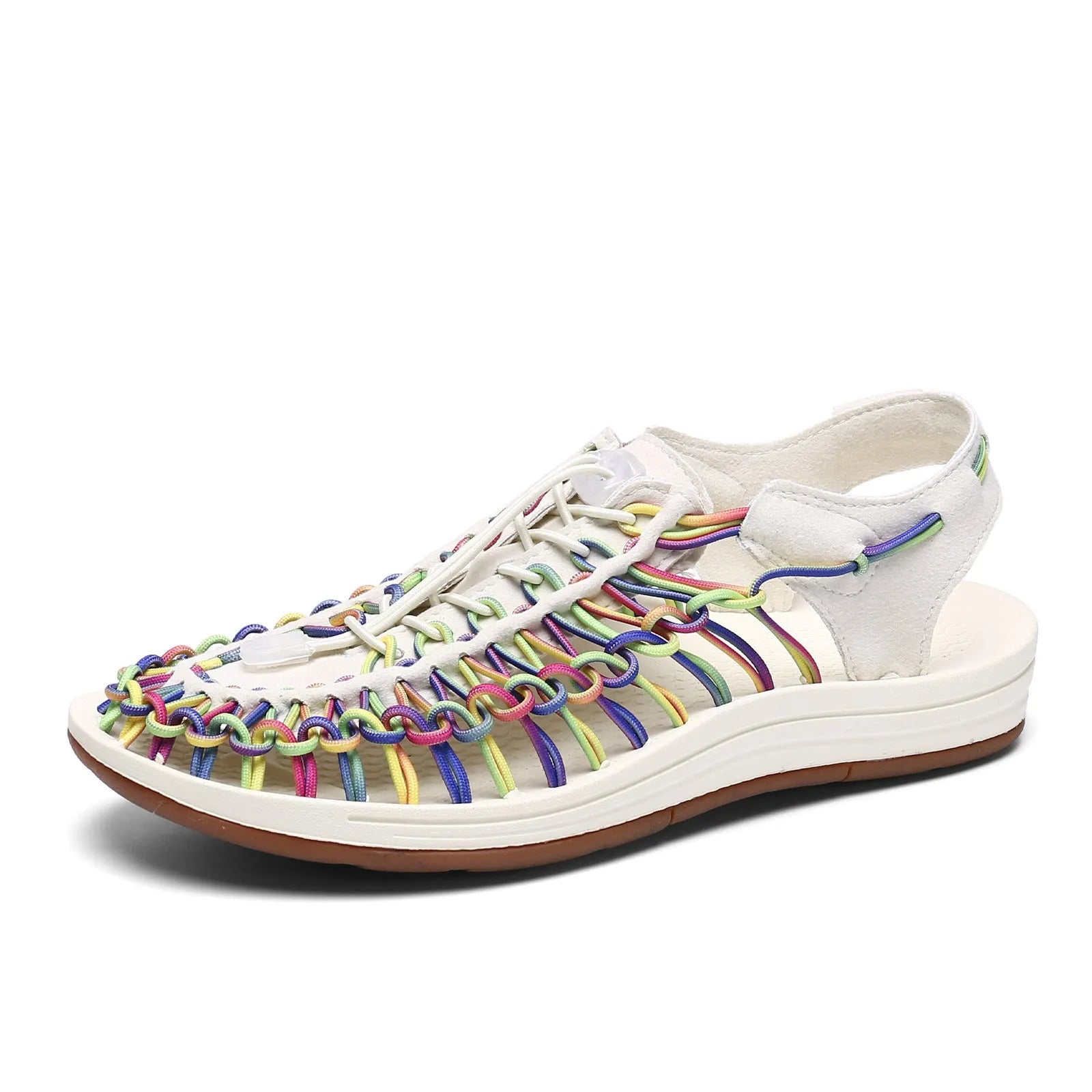 Woven drawstring tie Roman sandals in rainbow colour with elastic closure and rubber sole