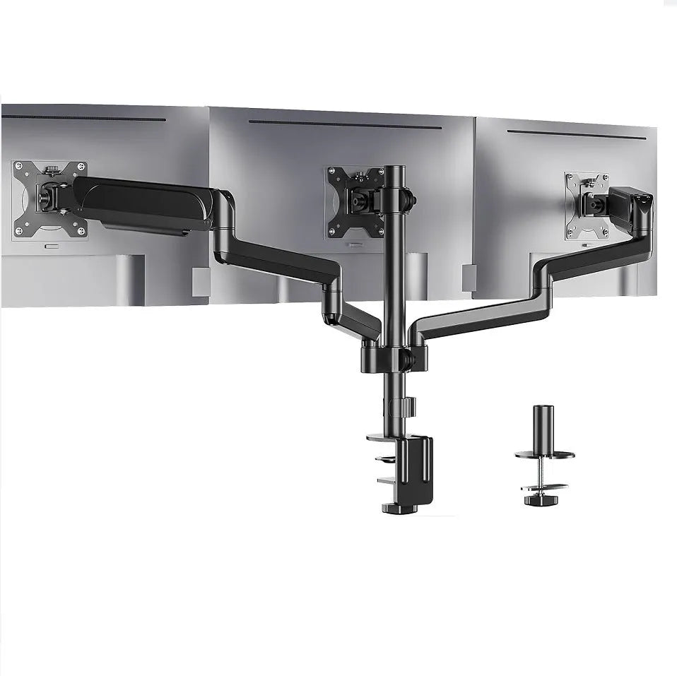 Black three-arm gas spring monitor mount for 27-inch screens with aluminium alloy construction