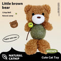Plush cat toy with animal character and central mint ball containing catnip, featuring integrated bell for auditory stimulation during play