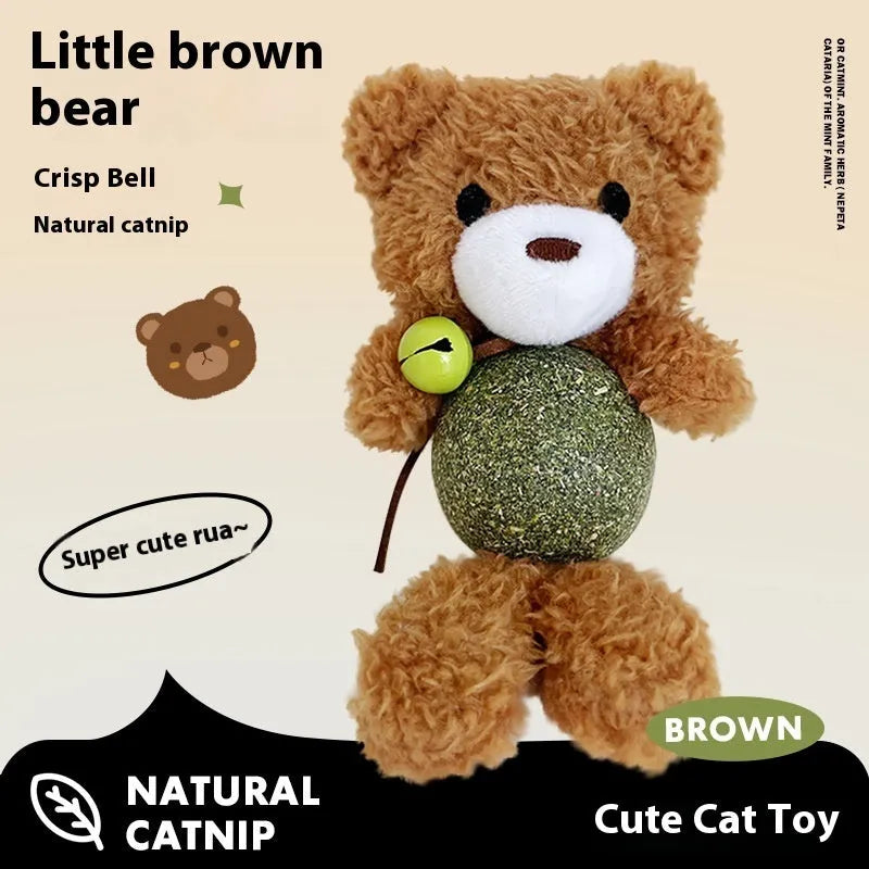 Plush cat toy with animal character and central mint ball containing catnip, featuring integrated bell for auditory stimulation during play