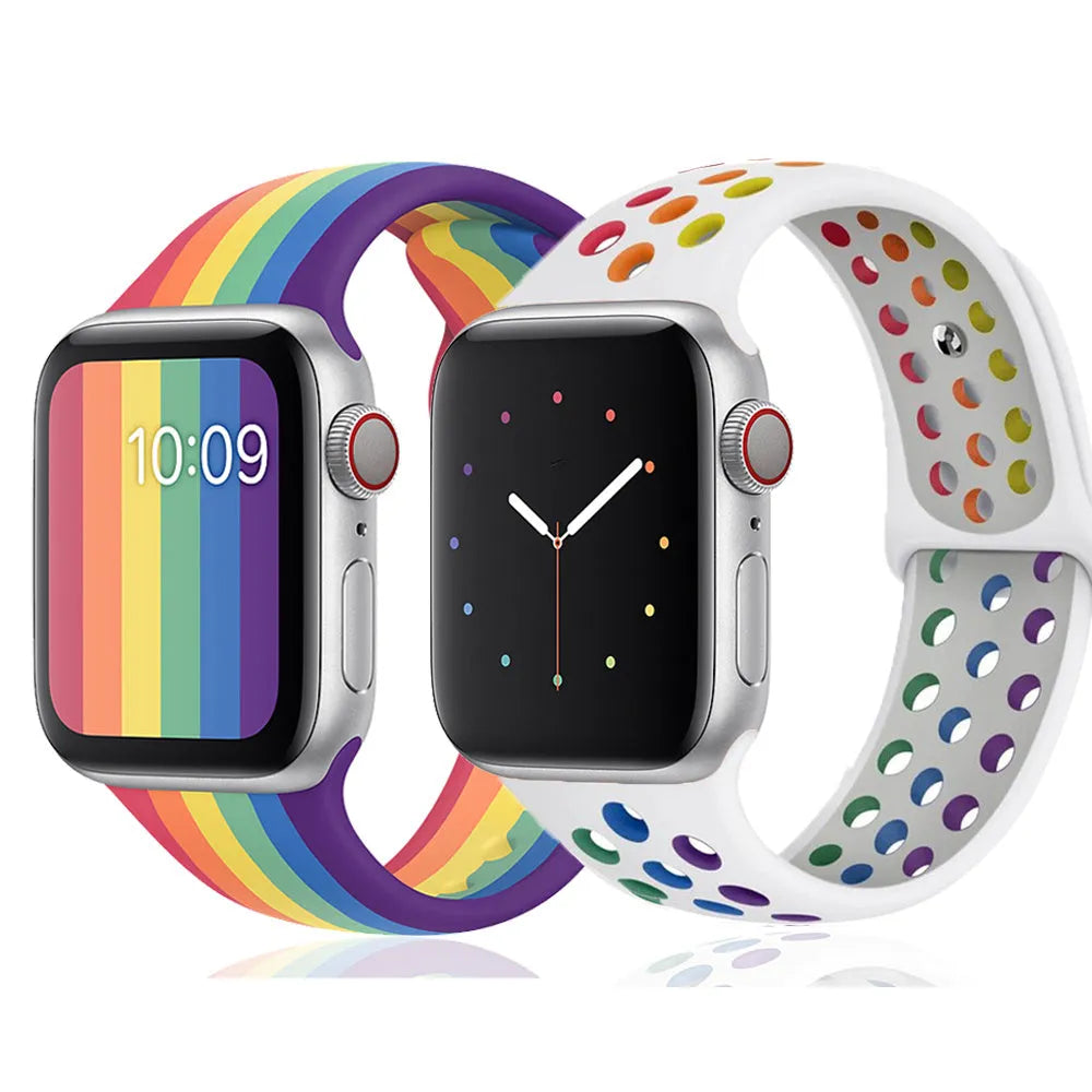 Silicone sports wristband strap with single buckle in black, rainbow, and white colour options showing 38x40mm and 42x44mm sizes