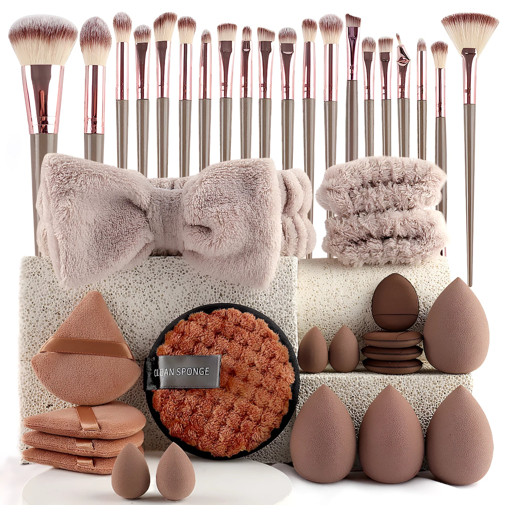 Hydrophilic non-latex beauty tools combination set with multiple cosmetic applicators for face washing and makeup