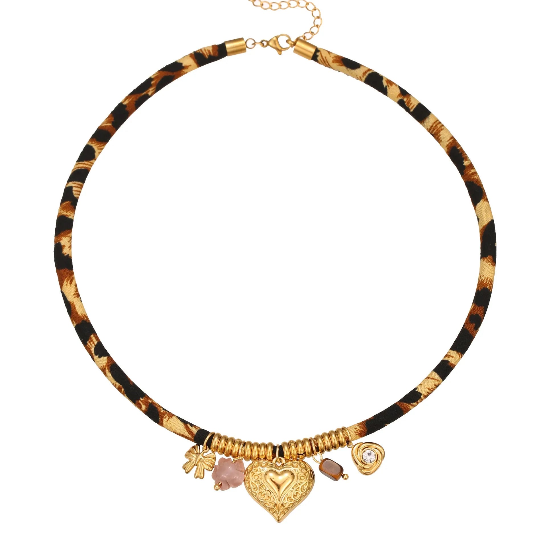 Geometric leopard pendant necklace with gold electroplated finish on adjustable stainless steel chain
