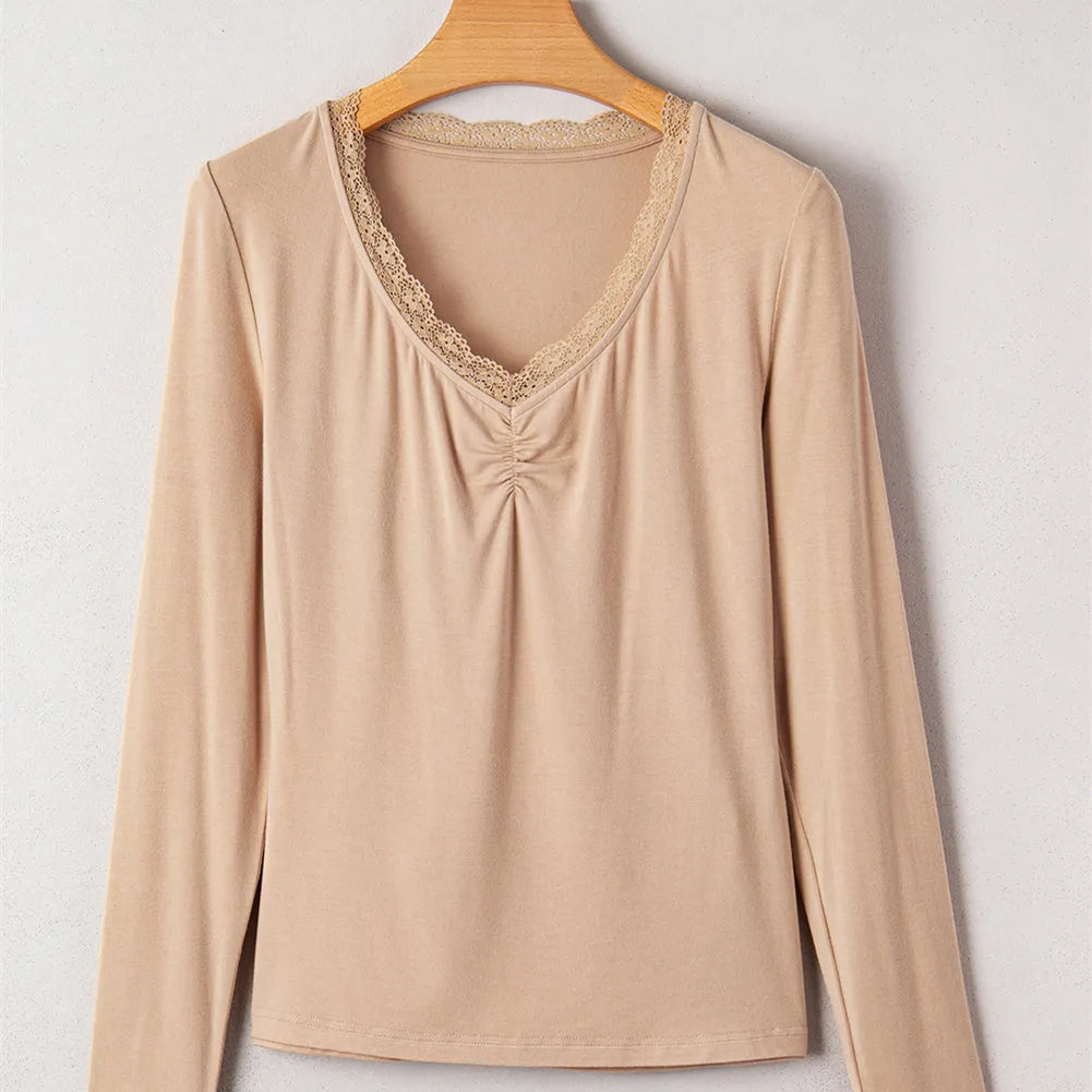 Women's red long sleeve casual top with lace trim detail and slim fit silhouette