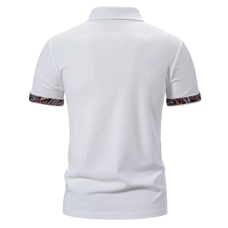 Men's short sleeve polo shirt in cotton blend fabric, showing turnover collar detail in white colour.