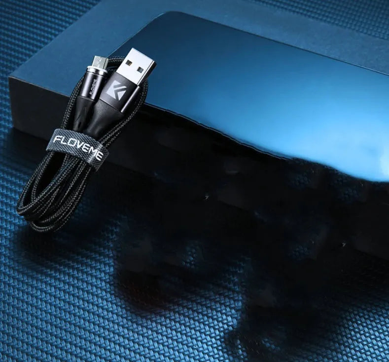 Magnetic USB fast charge and data cable for iPhone and Android phones in black, red, or silver.