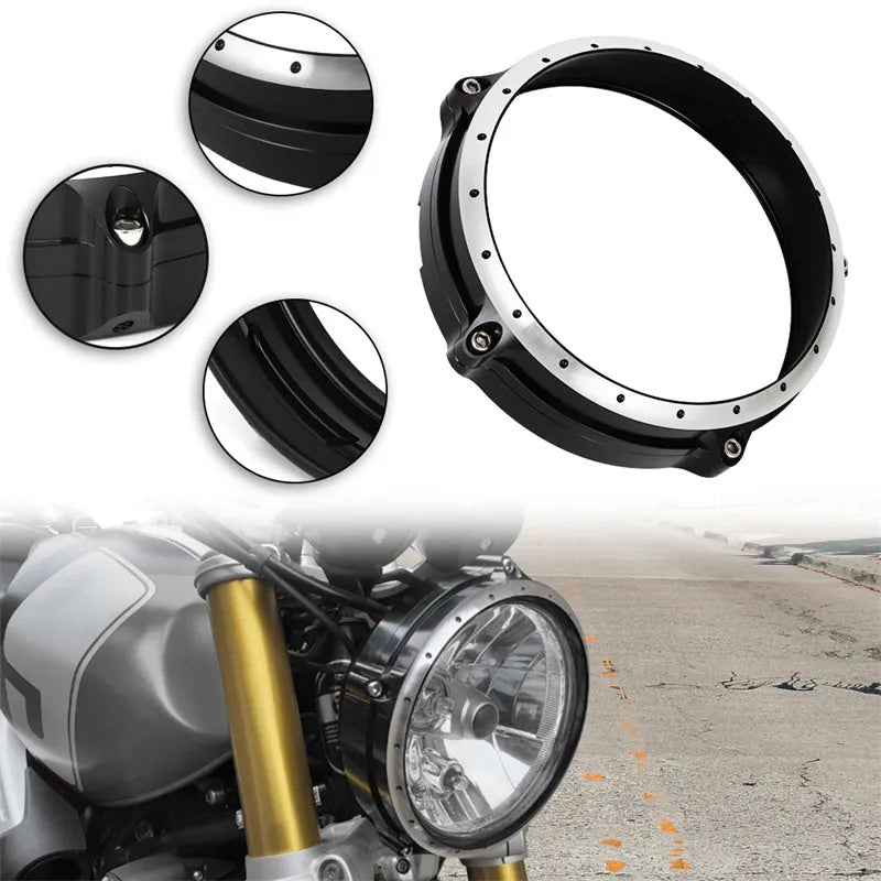 Black CNC aluminium headlamp cover protective frame for BMW R nineT Scrambler motorcycle