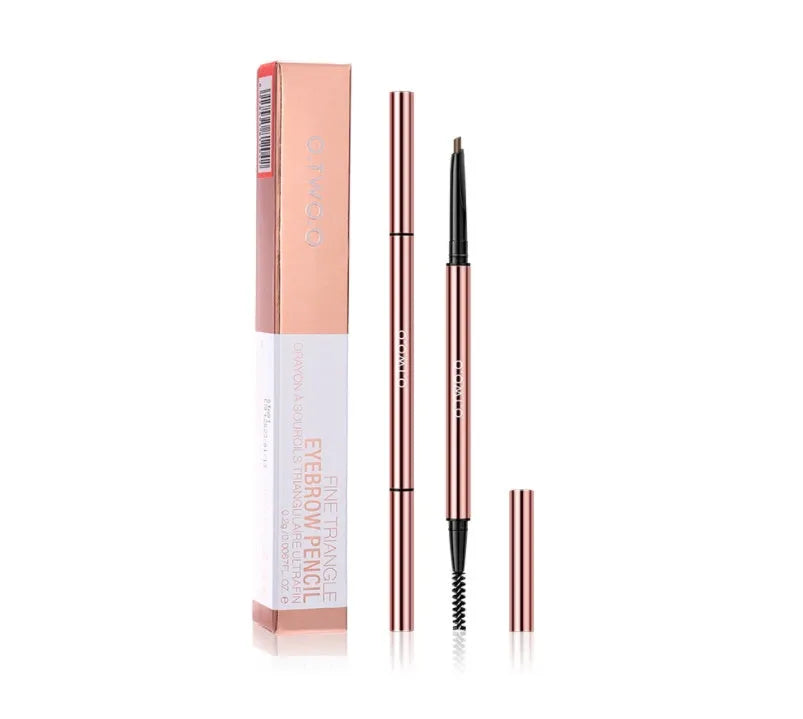 Square-shaped eyebrow pencil in colour box with Auburn, Blonde, Caramel, Dark Brown, Soft Brown, Taupe shade options.