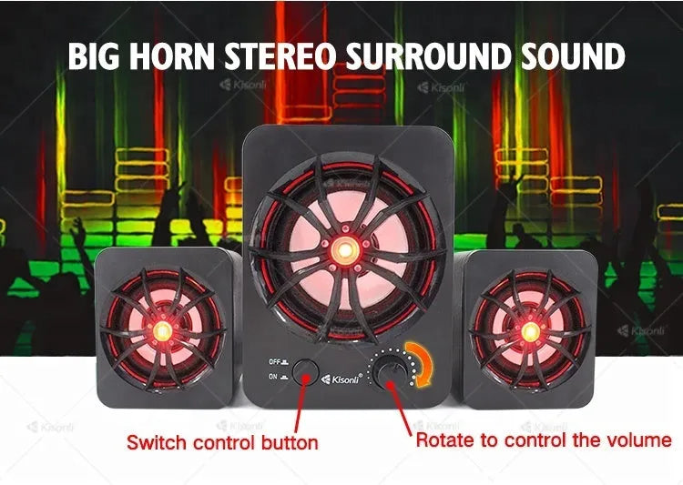Green USB computer speaker with LED lights showing 2.1 audio system and 150 cm cable
