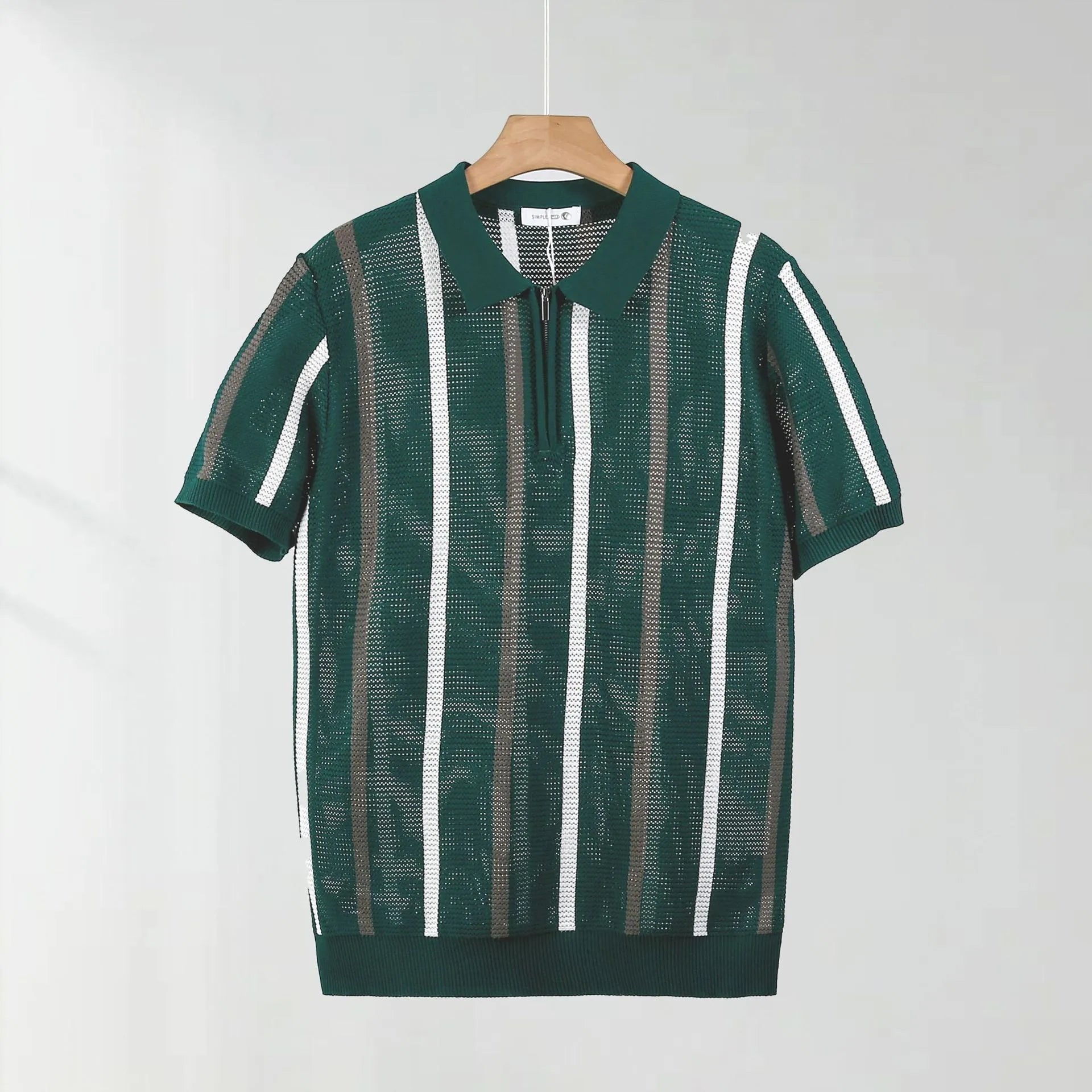 Men's black hollow mesh short-sleeved polo shirt with zipper decorations and loose knitting style