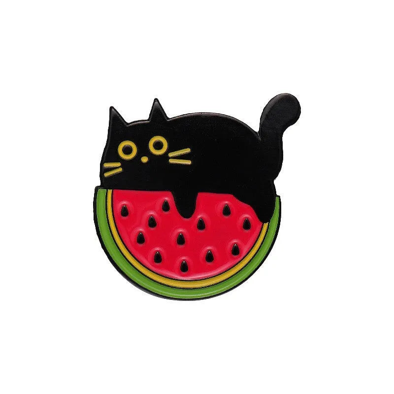 Colourful cartoon fruit design metal brooch with letters on a zinc alloy pin.