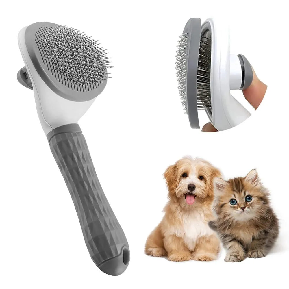 Blue cat grooming brush with a release button and fine wire bristles for removing loose pet hair.