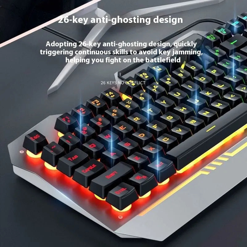 Metal mechanical keyboard bundle with gaming mouse, headset, and optional mouse pad on a desk.